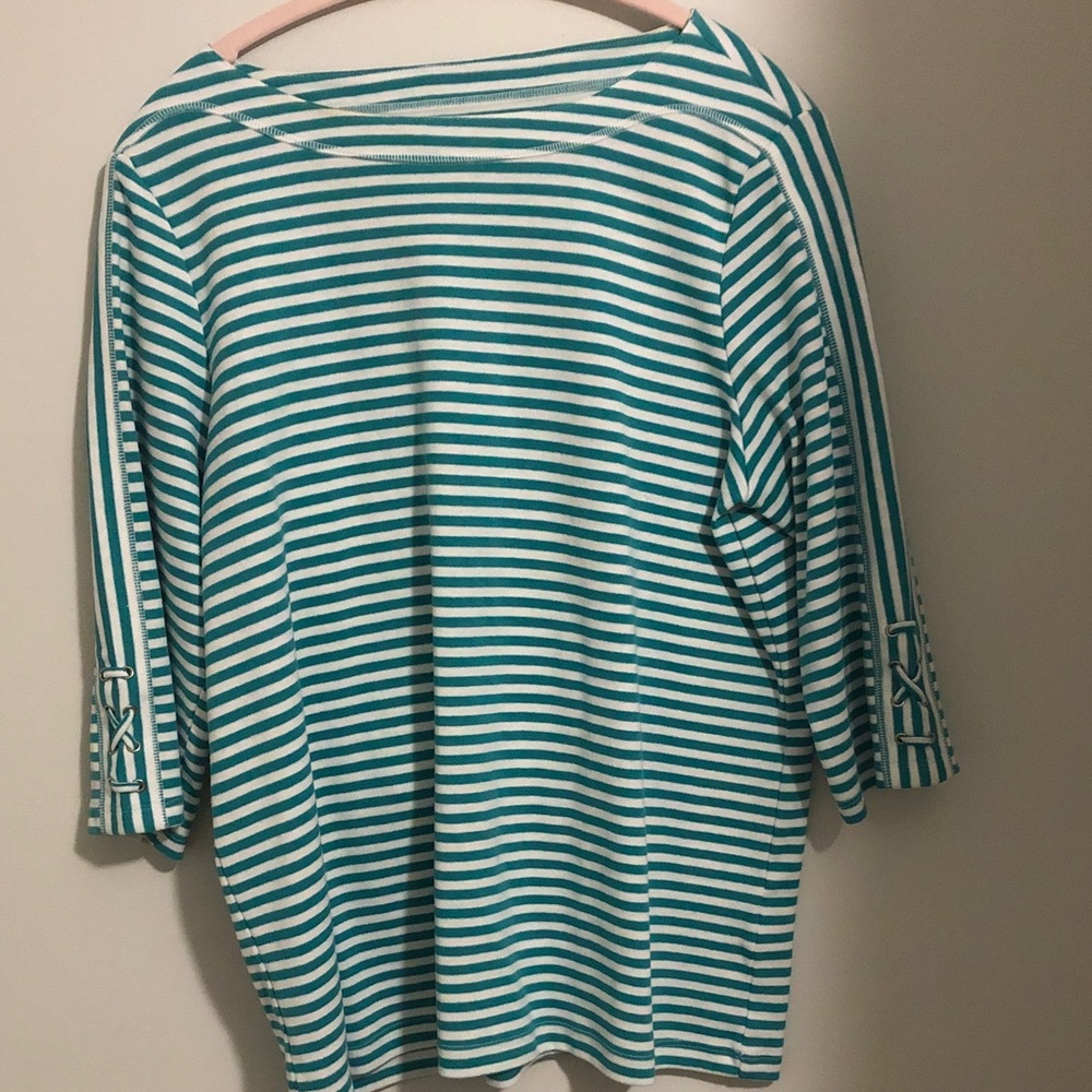 Blair Teal and White Striped Boatneck Long Sleeve Top